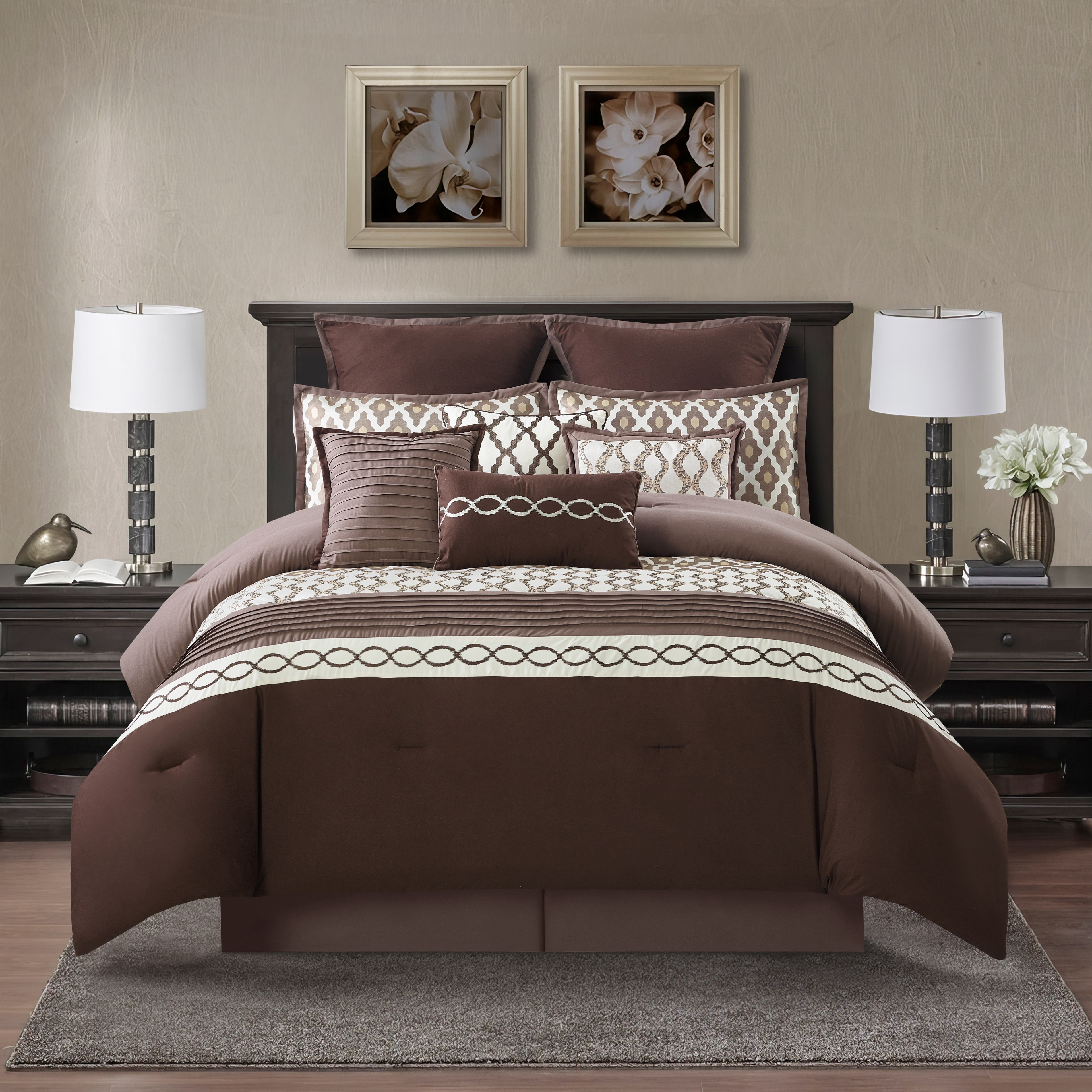 Nanshing Donovan 10PC Geometric Luxury Comforter Set, Brown, Queen