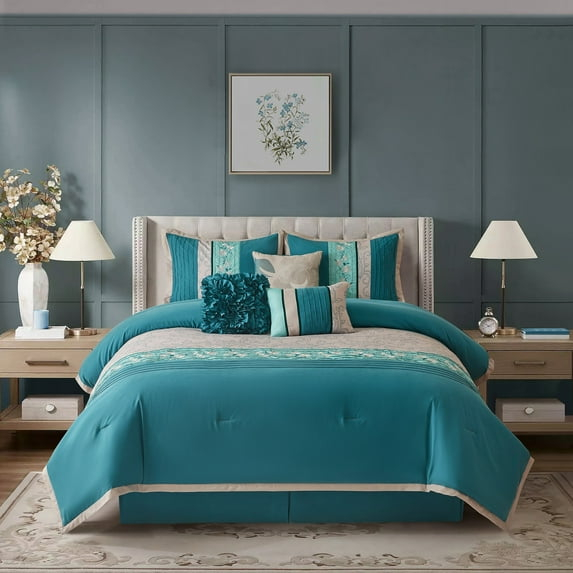 Lanco Dolores 7-Piece California King Comforter Set, Teal, Floral Fill Material 100% Polyester, All Season Premium Bedding Set