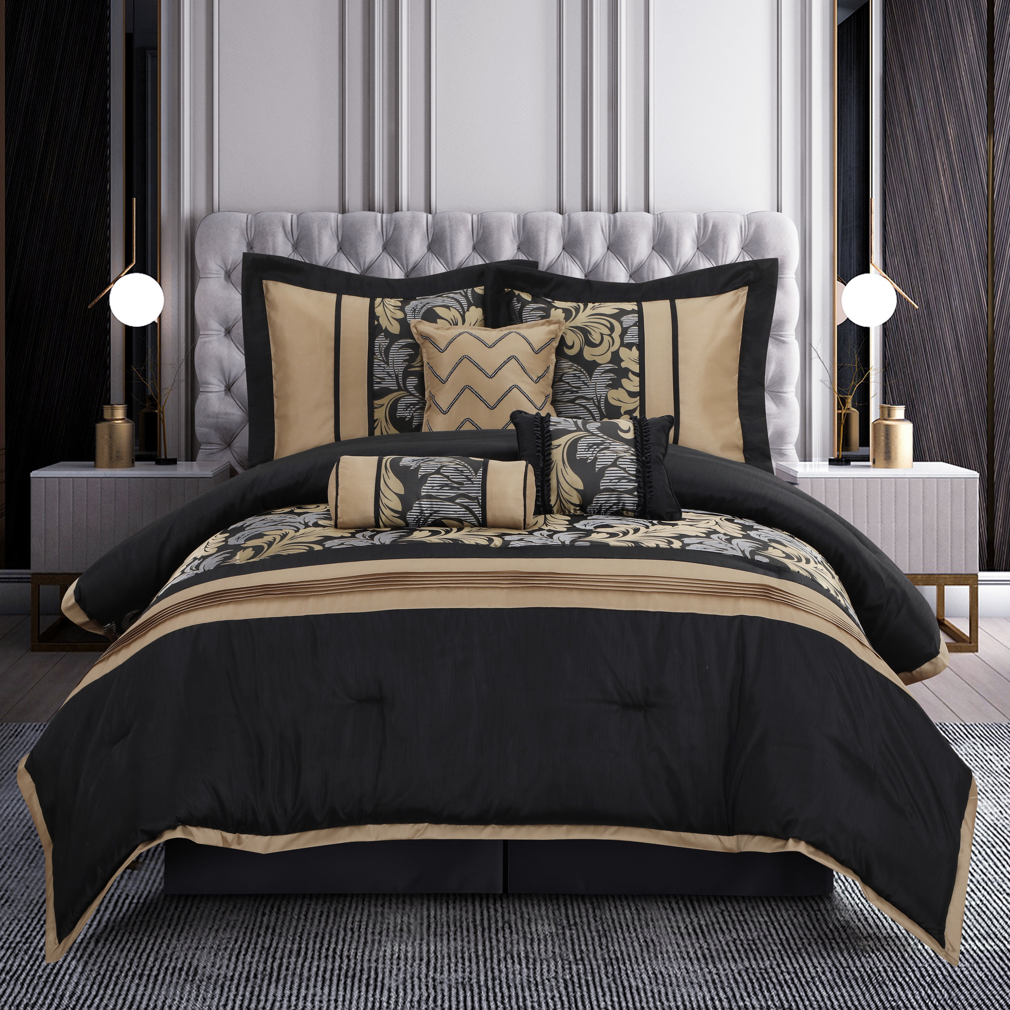 Nanshing Lincoln 7 Piece Traditional Comforter Set, Black Gold, Queen