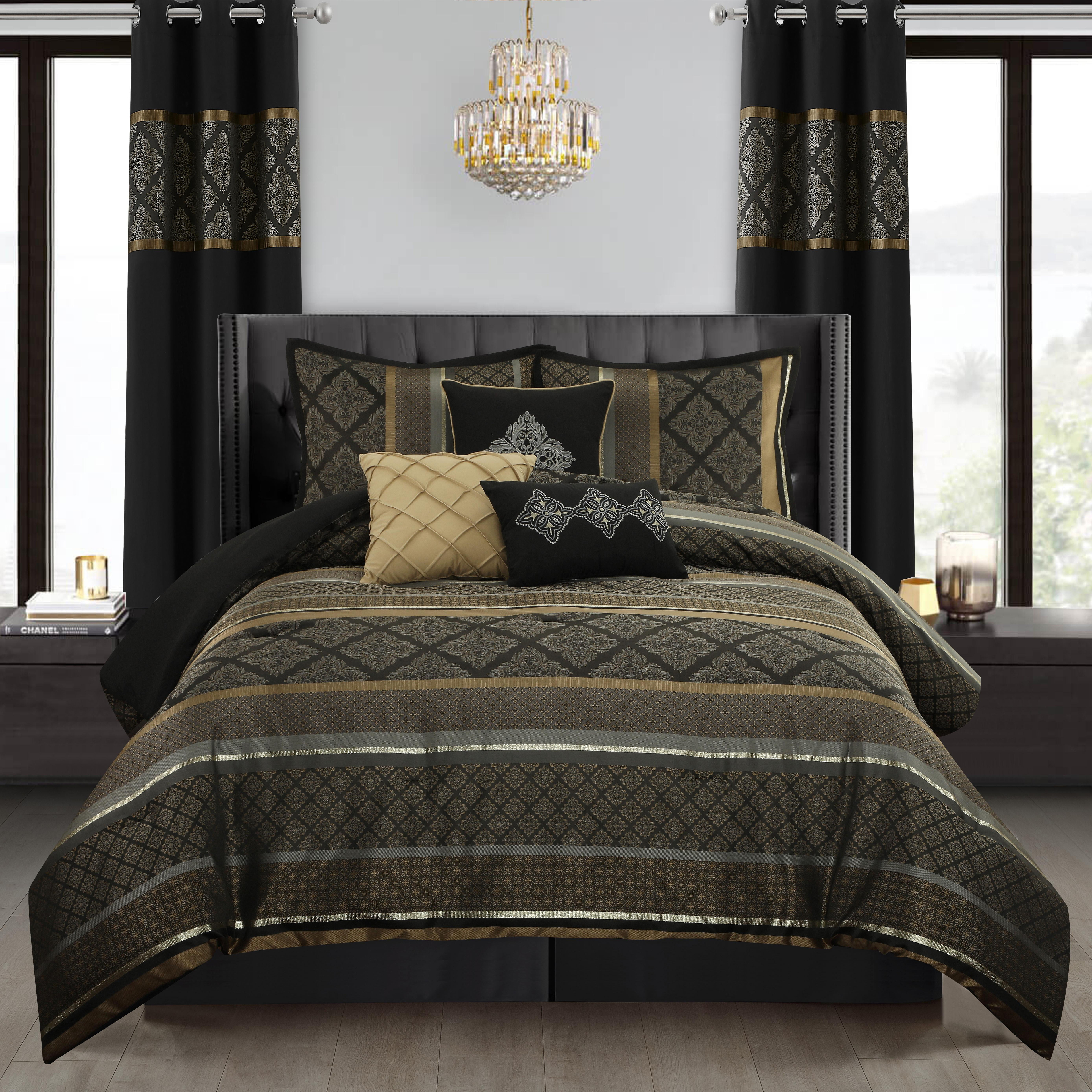 Nanshing Markus 9 Piece Traditional Damask Comforter Set, Black Gold, Queen