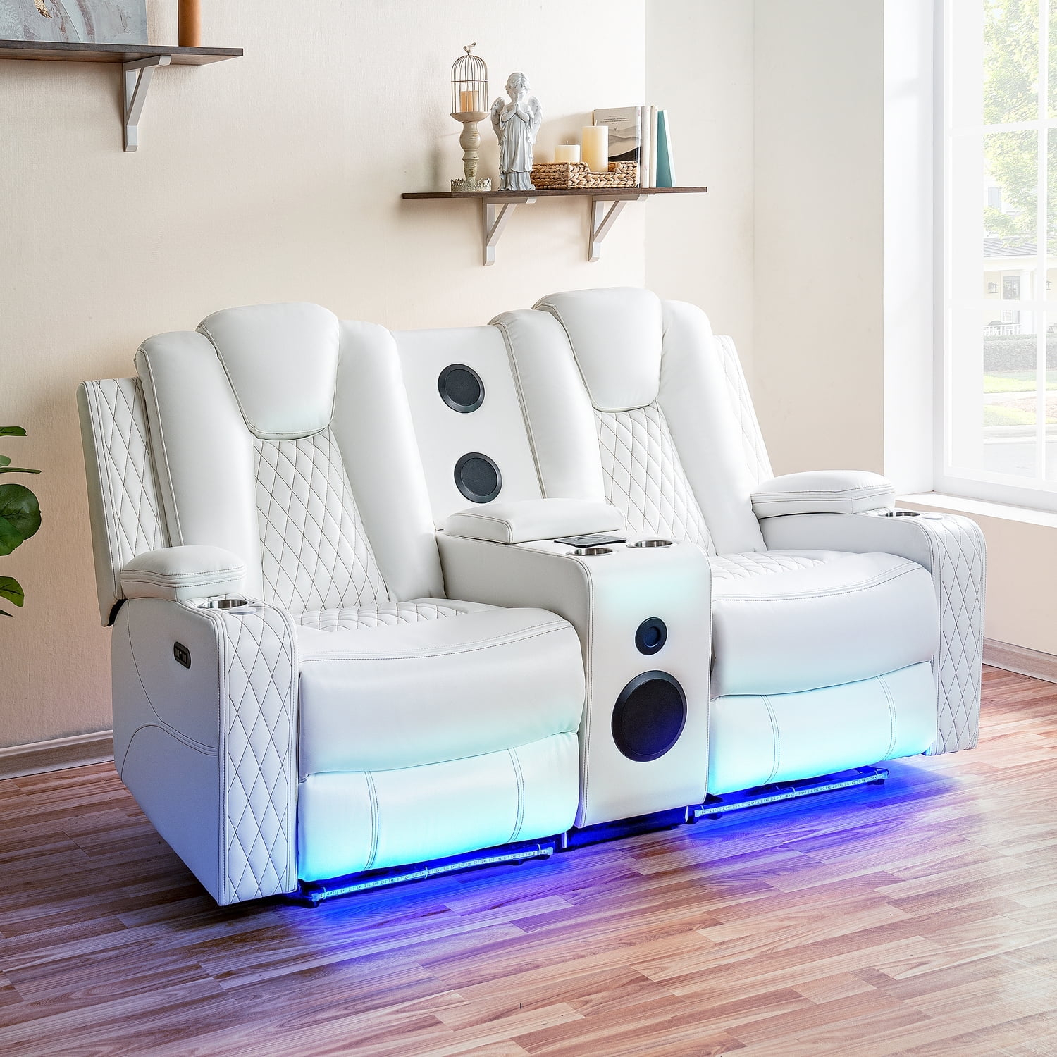 Home Theater Seating, Gaming Couch for Adults, Wireless Charging Movie Theater Couch, Power Recline Loveseat with 6 Cup Holders and Tray, Powerful in-Built Speaker, USB-Color:White,Fabric:Air Leather