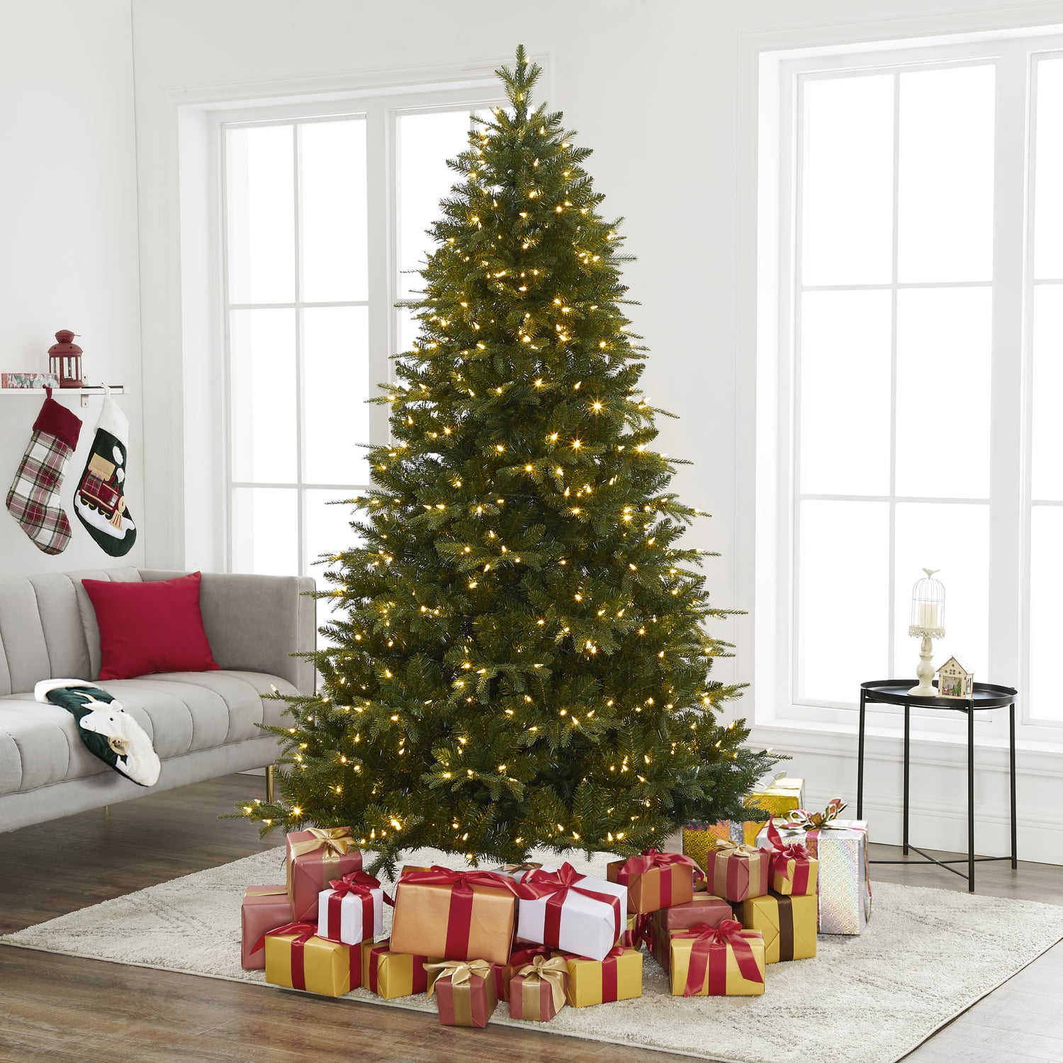 Naomi Home Traditional Artificial Pine Fir Christmas Tree with Lights-Base:Included,Color:Green,Size:6.5 ft