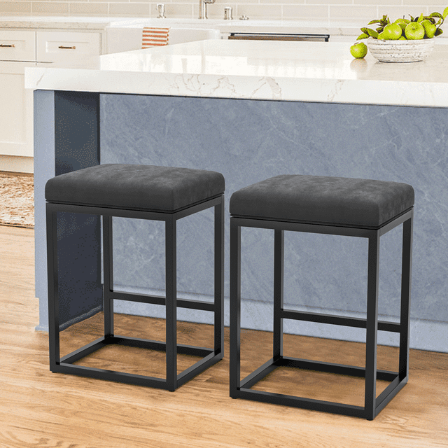 Nathaniel Home 24 Inch Bar Stools Set of 2, Modern PU Leather Metal Barstool, Backless Kitchen Dining Cafe Stool, Upholstered Bar Stool with Footrest, Dark Gray