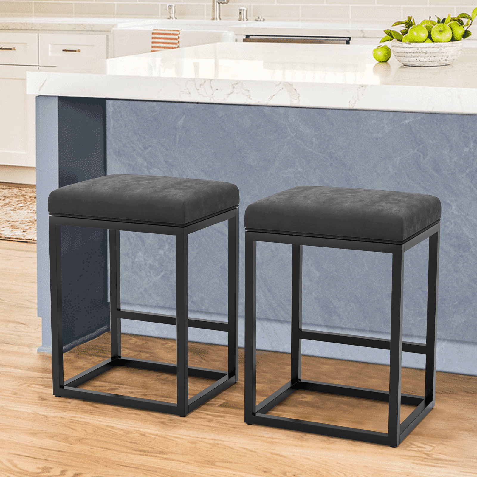 Nathaniel Home 24 Inch Bar Stools Set of 2, Modern PU Leather Metal Barstool, Backless Kitchen Dining Cafe Stool, Upholstered Bar Stool with Footrest, Gray