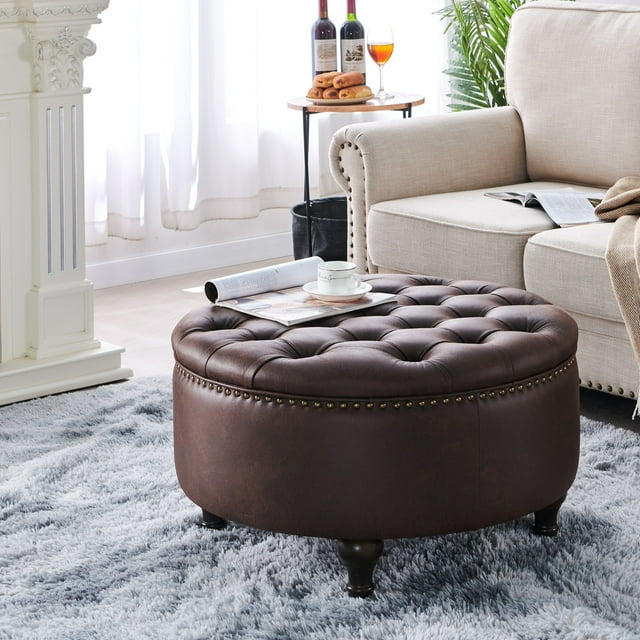 Nathaniel Home, Upholstered 30" Round Storage Button Tufted Ottoman, with Removable Lid, Modern Footrest Stool Bench, Brown