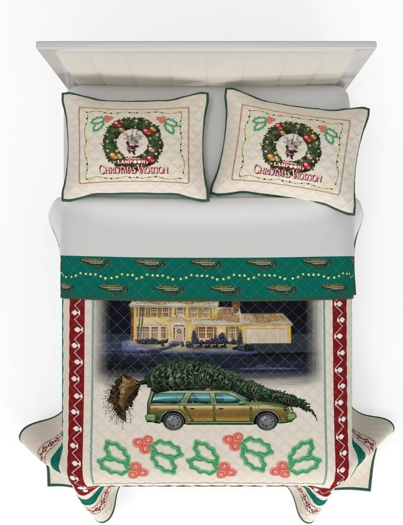 National Lampoon's Christmas Vacation Holiday Quilt Bedding Super Soft 3 Piece Pillow Sham and Quilt Set, Full Size 88" X 92", (100% Officially Licensed Product)