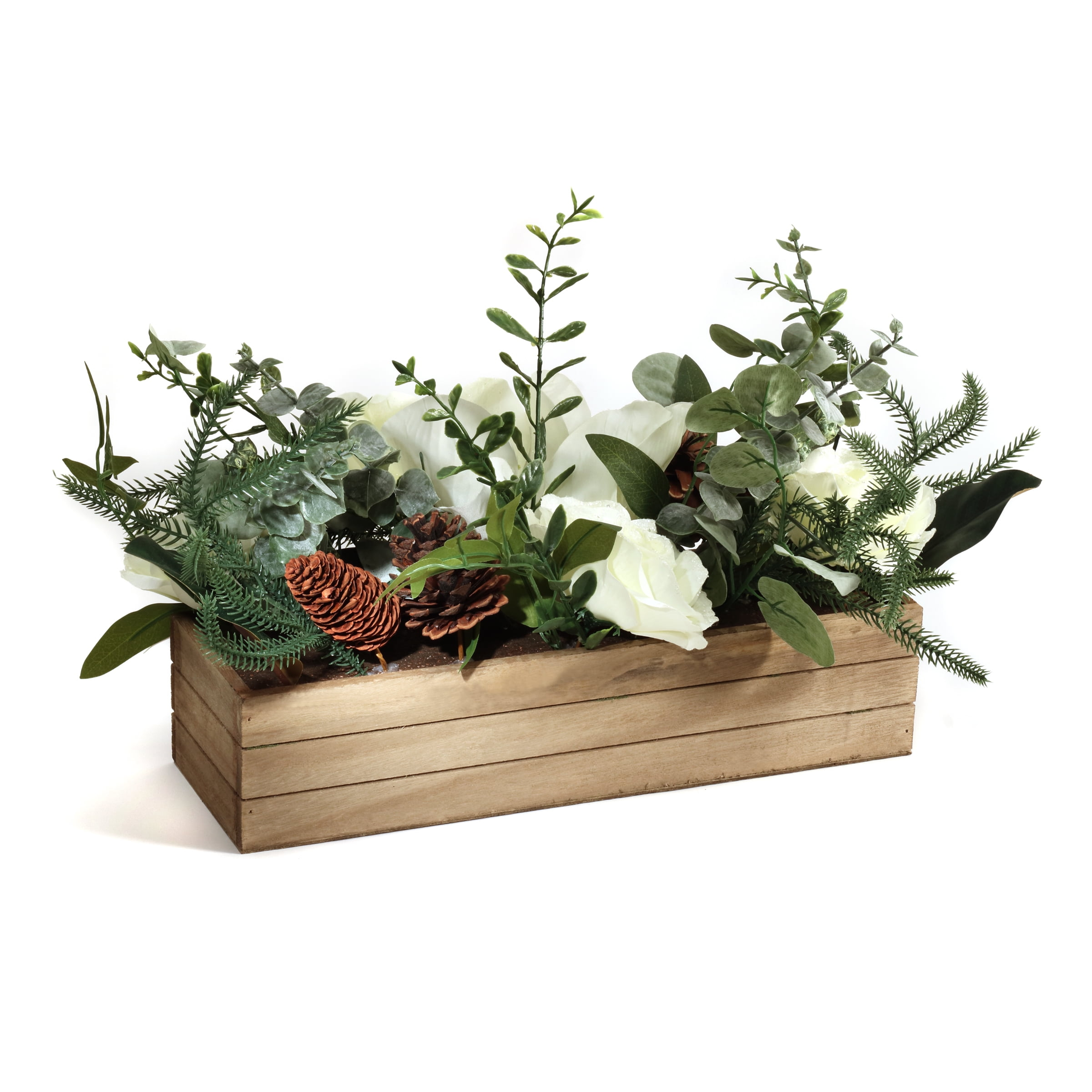 National Tree Company Artifical  Christmas Centerpiece, Green, Mixed Leaves and Magnolia, Pine Cones, White Roses, Wooden Planter Box, 23 Inch