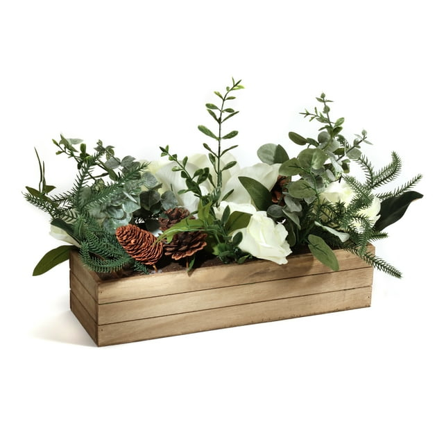 National Tree Company Artifical  Christmas Centerpiece, Green, Mixed Leaves and Magnolia, Pine Cones, White Roses, Wooden Planter Box, 23 Inch