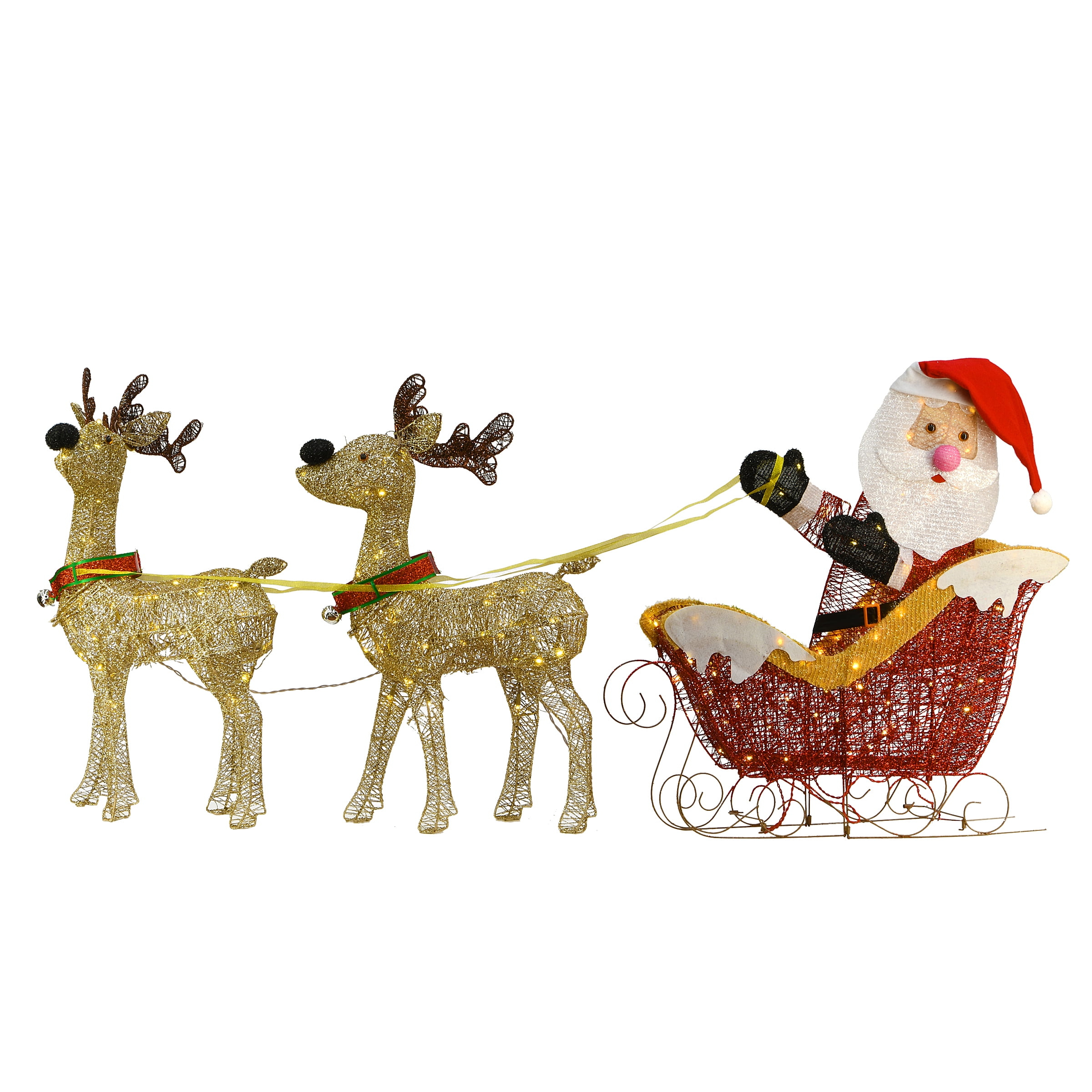 National Tree Company Pre-Lit Christmas Decoration, Red, Gold, Reindeer Pulling Santa's Sleigh, Crystal Splendor, 225 Warm White LED Lights, Ground Stakes Included, 31 Inch, 33 Inch