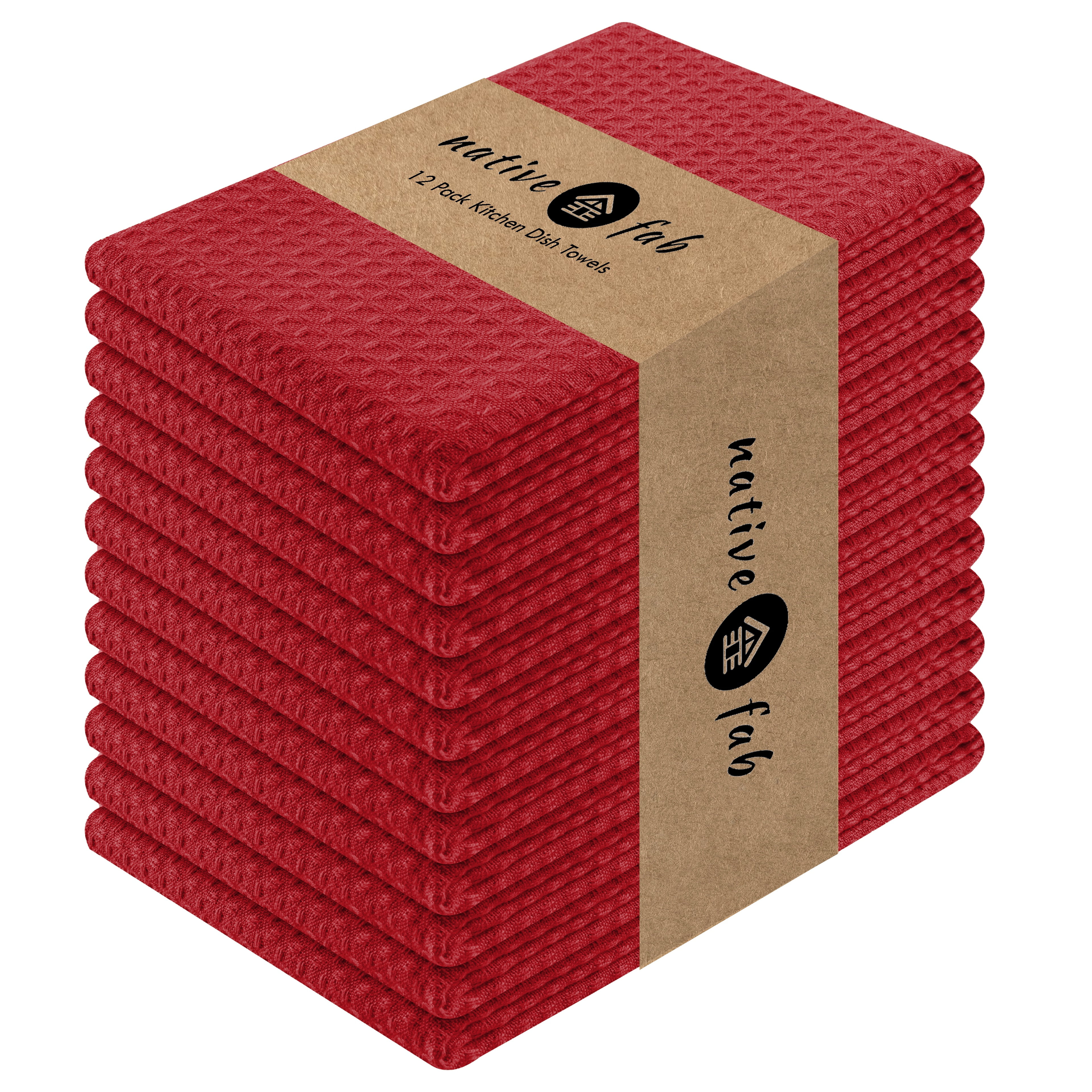 Native Fab 12 Pack Cotton Waffle Dish Towels - Kitchen Hand Cloths Set with Hanging Loop - Red