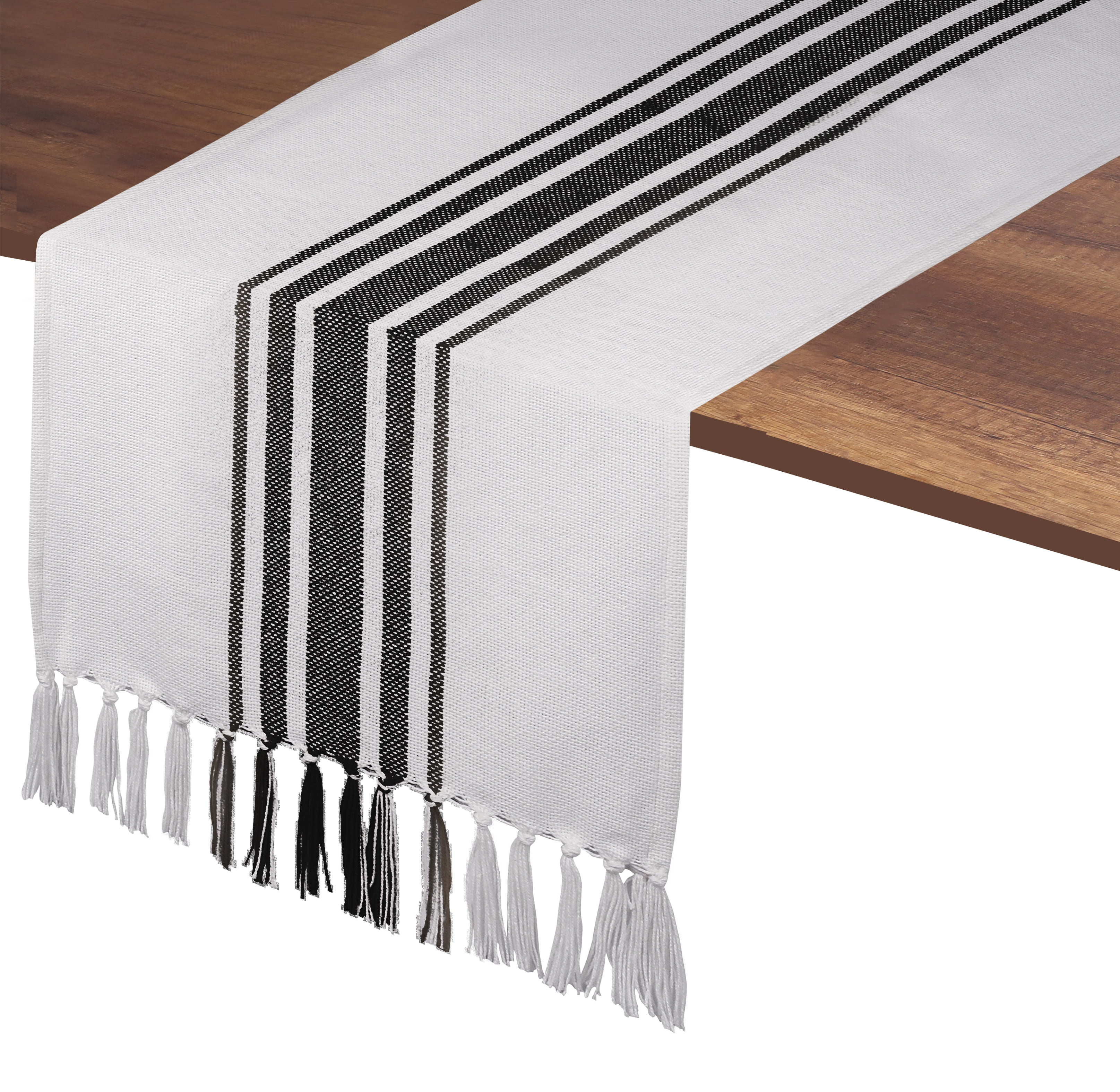 Native Fab Dining Stripe Table Runner with Tassels 100% Cotton, 14"x108", Black White