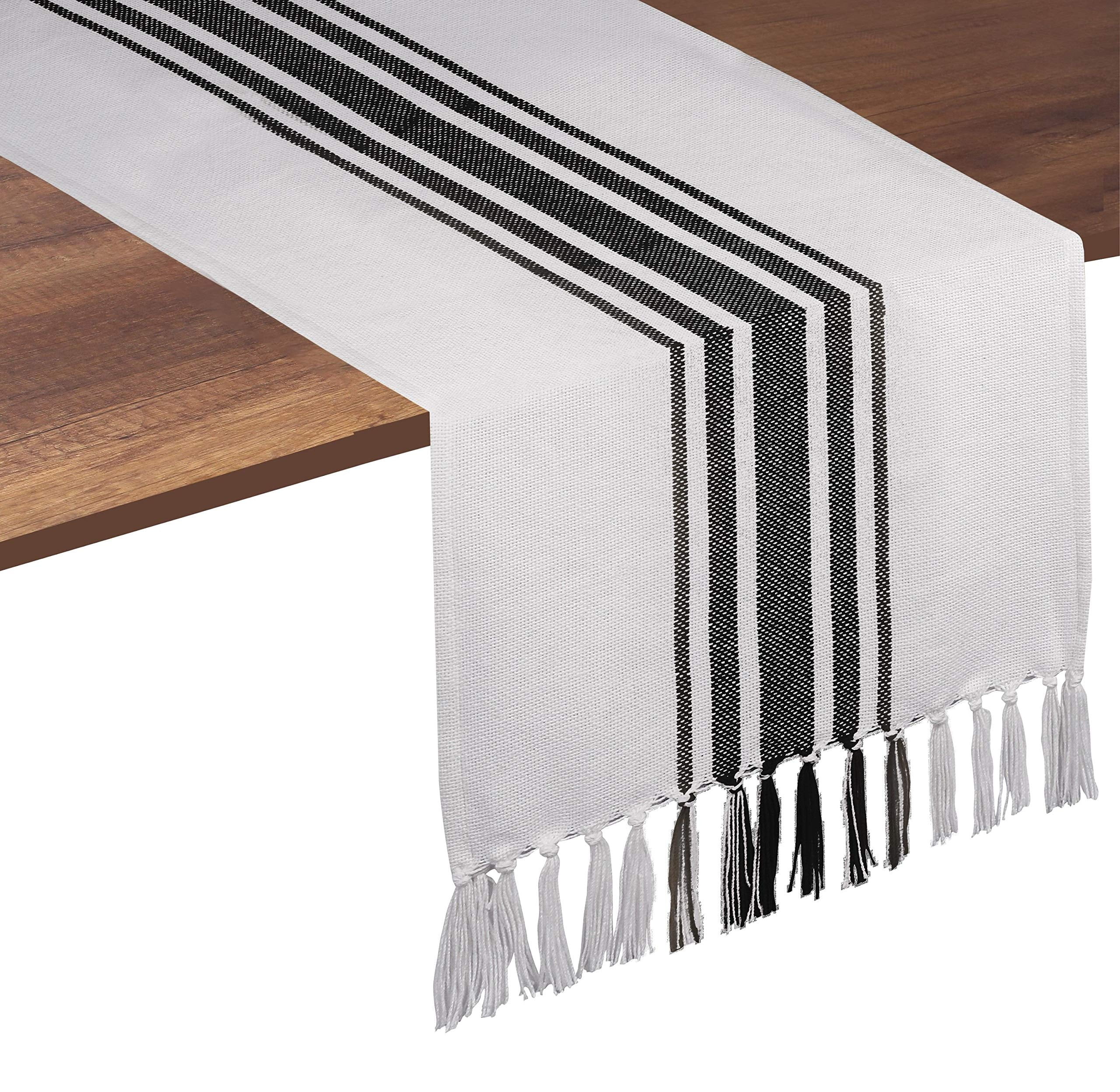 Native Fab Dining Stripe Table Runner with Tassels 100% Cotton, 14"x108", Black White