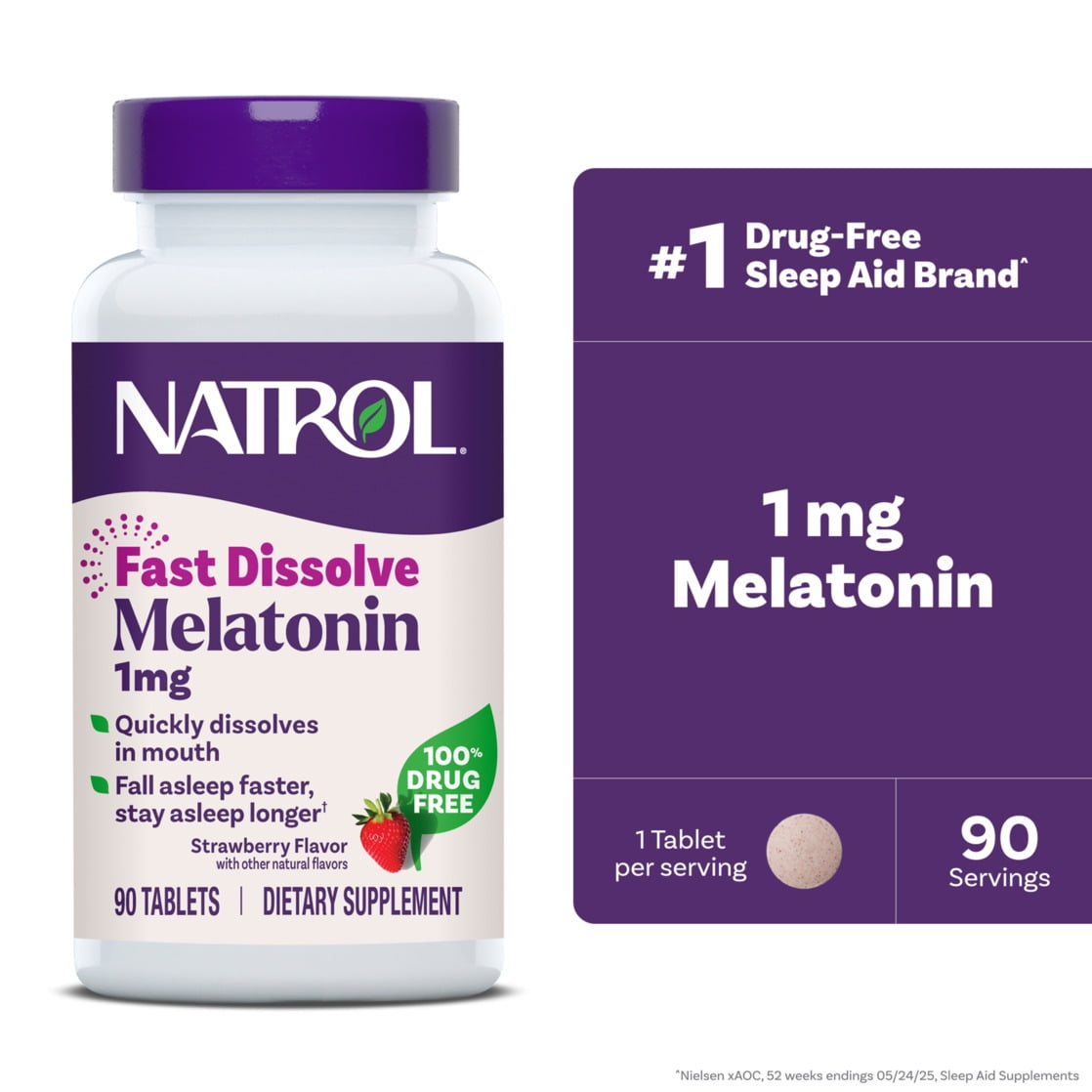 Natrol Fast Dissolve Melatonin 1 mg, Melatonin Supplements for Restful Sleep, Sleep Support for Adults, 90 Strawberry-Flavored Tablets, Up to a 90 Day Supply