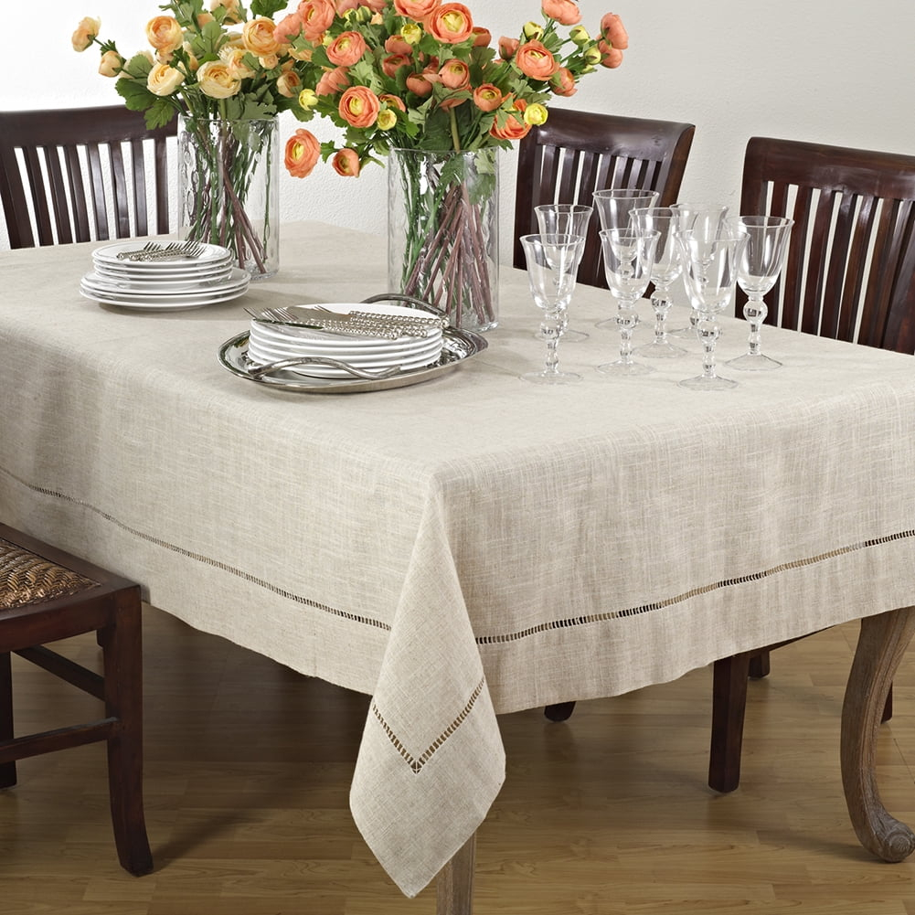 Natural Beige, Classic Tuscany Hemtitch Design Rectangular Tablecloth, 65 Inch x 160 Inch