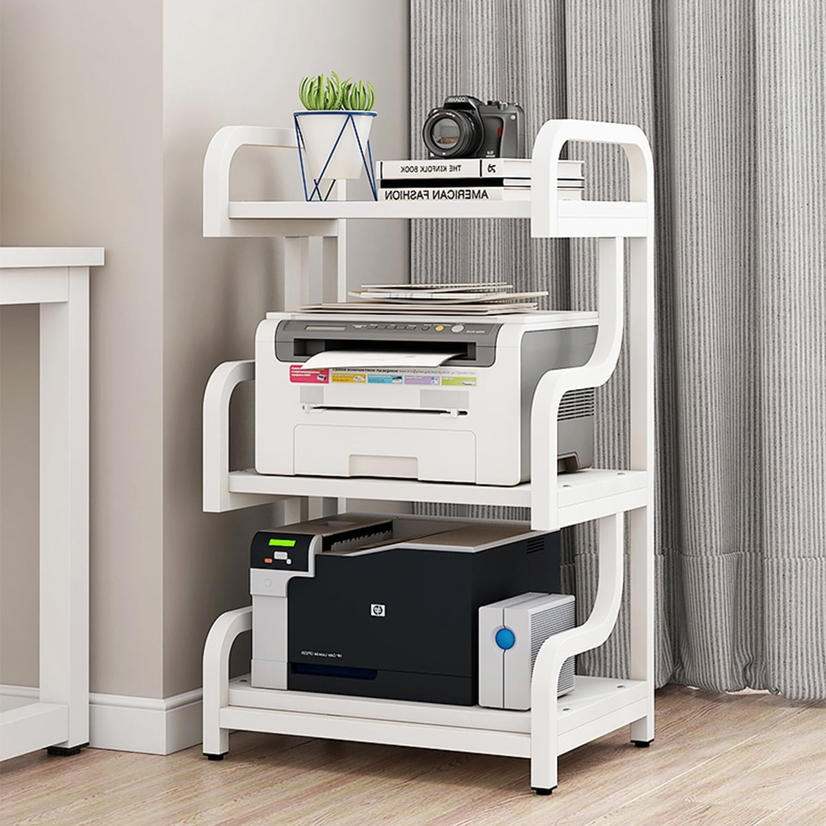 Natwind 3-Tier Large Printer Stand with Wheels Movable Storage Cart Floor-Standing Printer Cart Multi-Purpose Shelf Rack for Media Player (White)