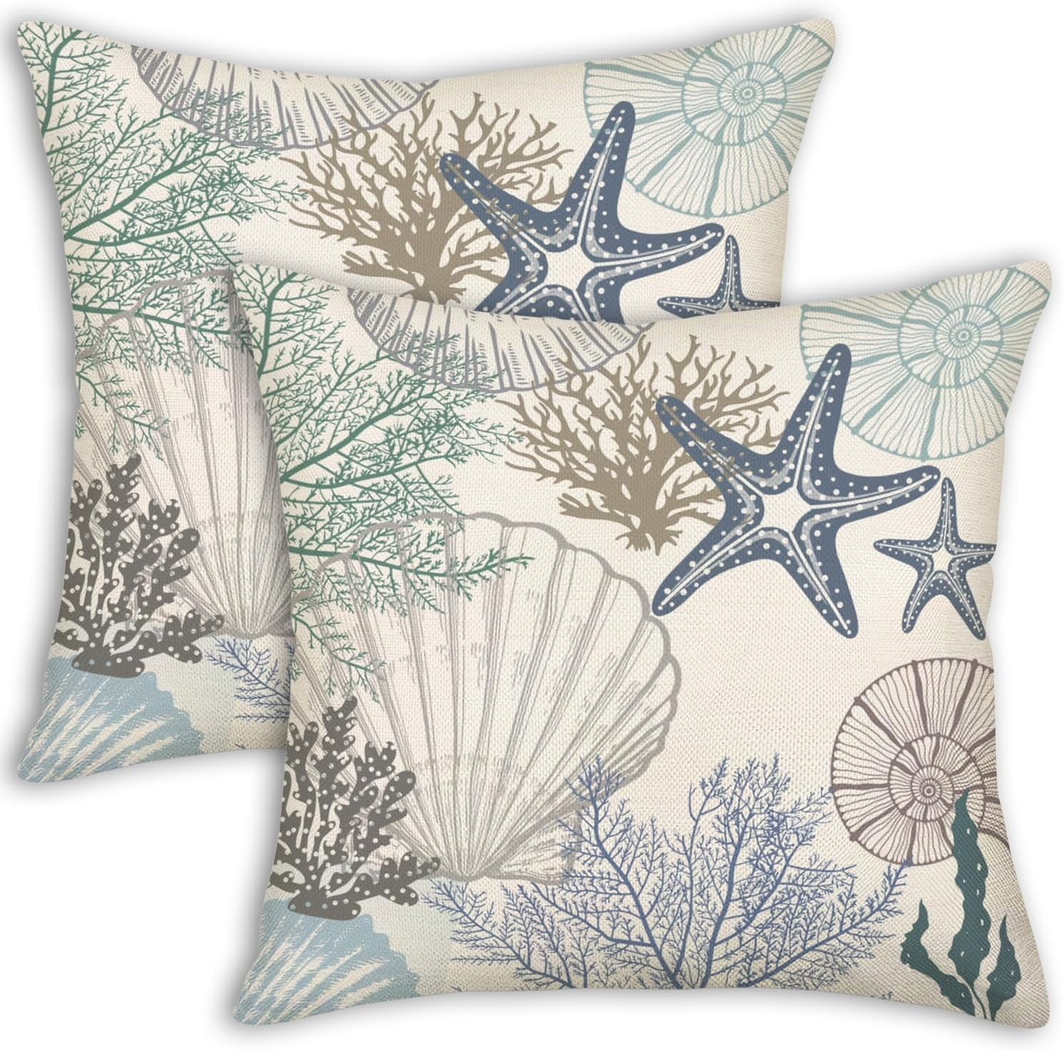 Burnt Orange Summer Outdoor Coastal Pillow Covers 18x18 Inch Set of 2 Fall Coral Seashell Starfish Throw Pillows Ocean Themed Beach Nautical Decorative Cushion Cases for Couch Decorations