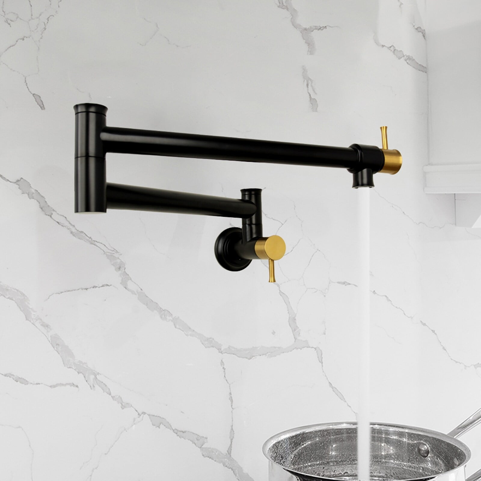 Nauxus Inc Pot Filler Kitchen Faucet Wall-Mounted Matte Black with Brushed Gold Matte