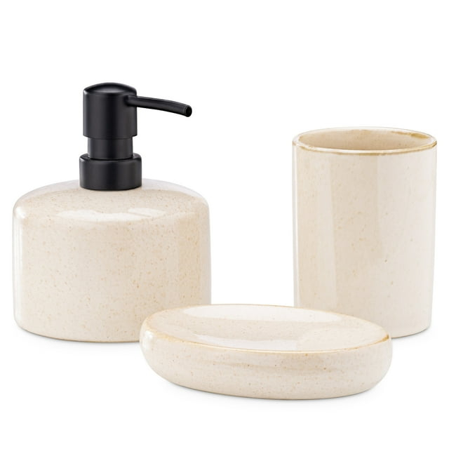Navaris Ceramic Bathroom Accessories Set (3 Pieces) - Includes Soap Dispenser, Toothbrush Holder, Soap Dish - Modern Bath Accessory Holders - Sand