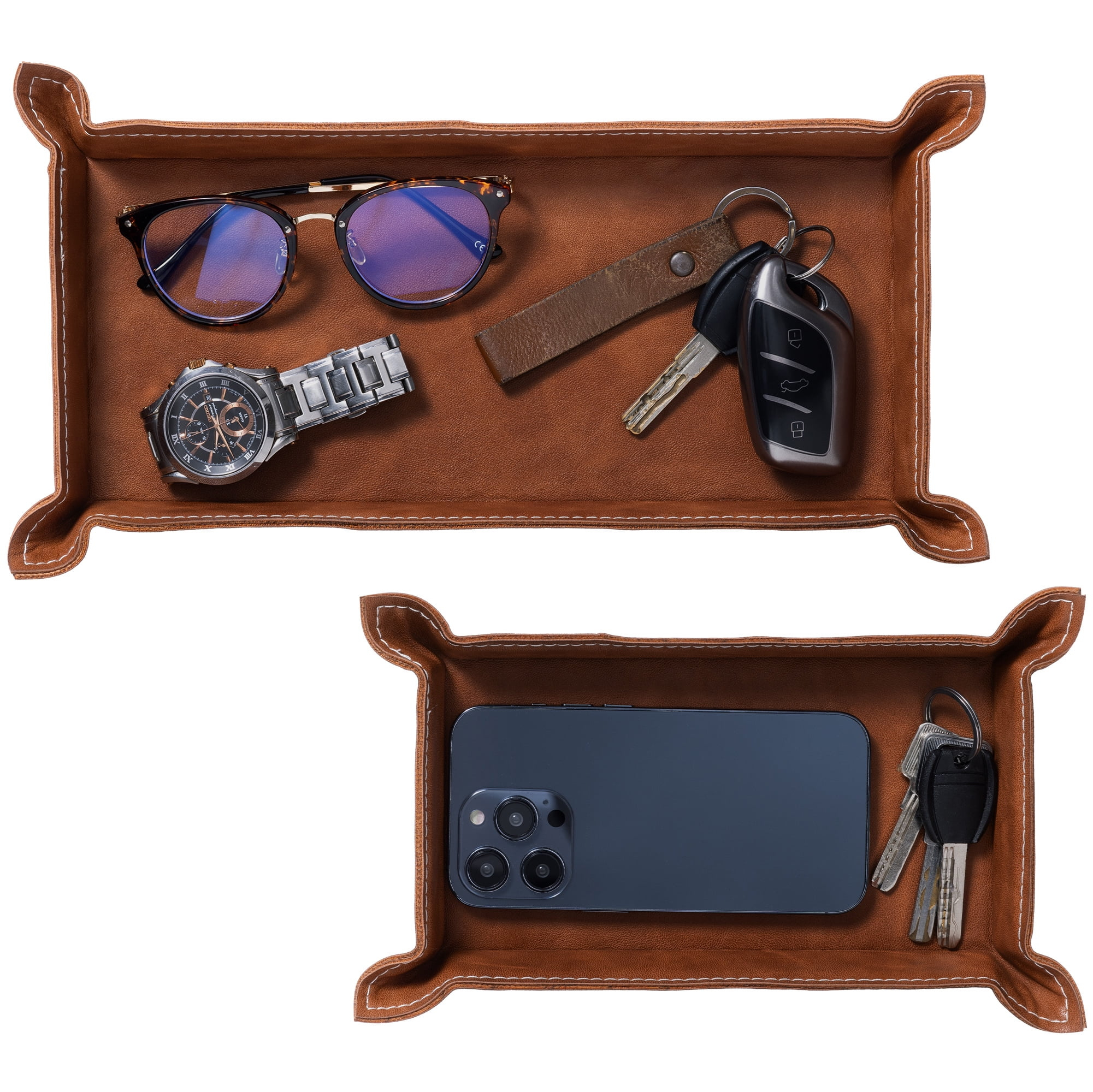 Navaris Faux Leather Tray Set - 2 Valet Organizer Trays for Bedside Table, Retro Fashion - Desk Storage Plate for Key Coin Phone Wallet (Brown)