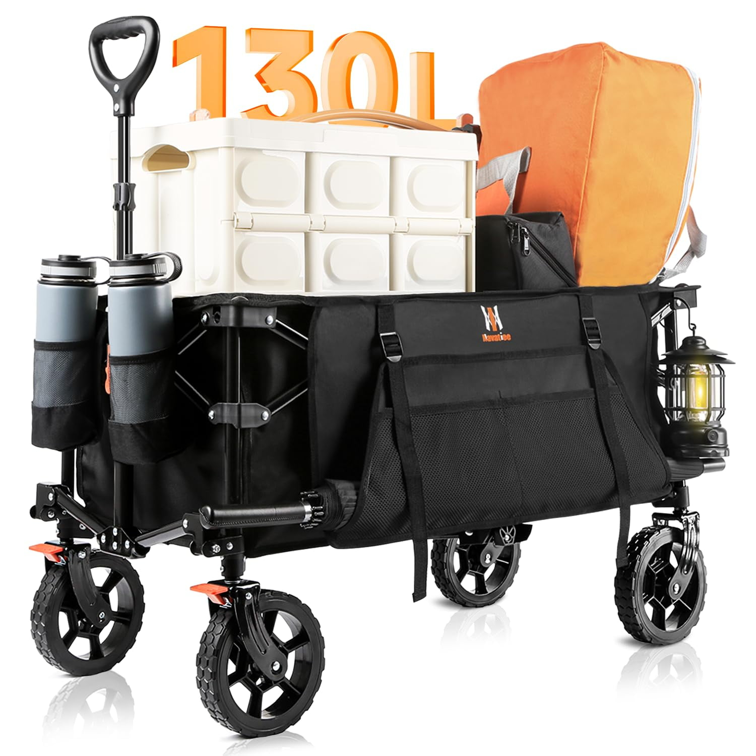 140L Collapsible Wagon Cart Foldable, Folding Utility Grocery Cart with Side Pocket and Brakes for Shopping, Sports, Camping and Garden, Black