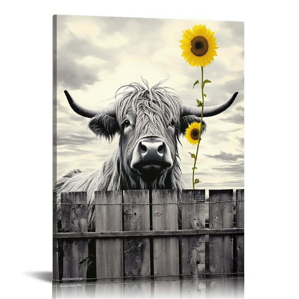 JEUXUS Highland Cow Wall Art, Cow Pictures Wall Decor, Rustic Black and White Funny Highland Cow Wall Art Canvas Poster, 20x16in Framed Ready to Hang, Farmhouse Longhorn Canvas Wall Art Decor