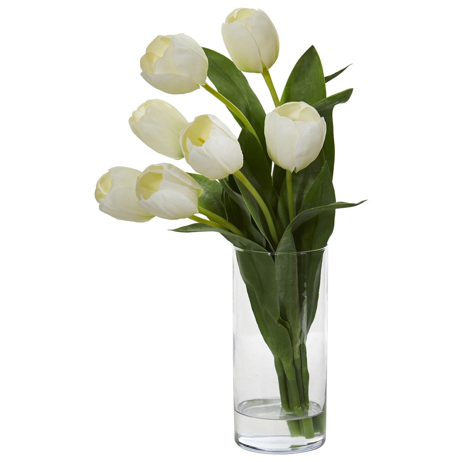 Nearly Natural 1574-WH Tulip Artificial Arrangement in Cylinder Vase - White