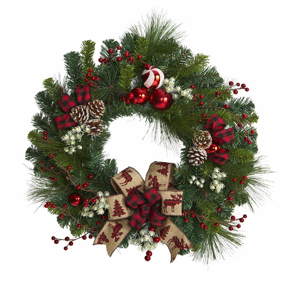 Nearly Natural 24in. Christmas Pine Artificial Wreath with Pine Cones and Ornaments