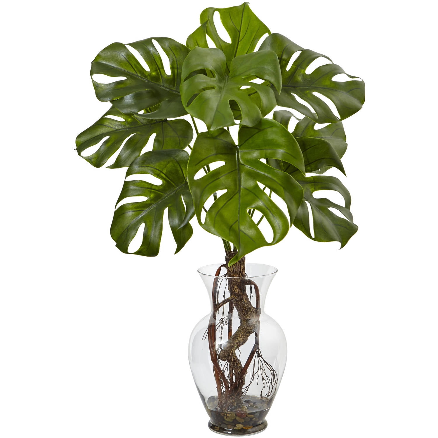 Nearly Natural 26-in Monstera Plant in Rocks with Glass Vase