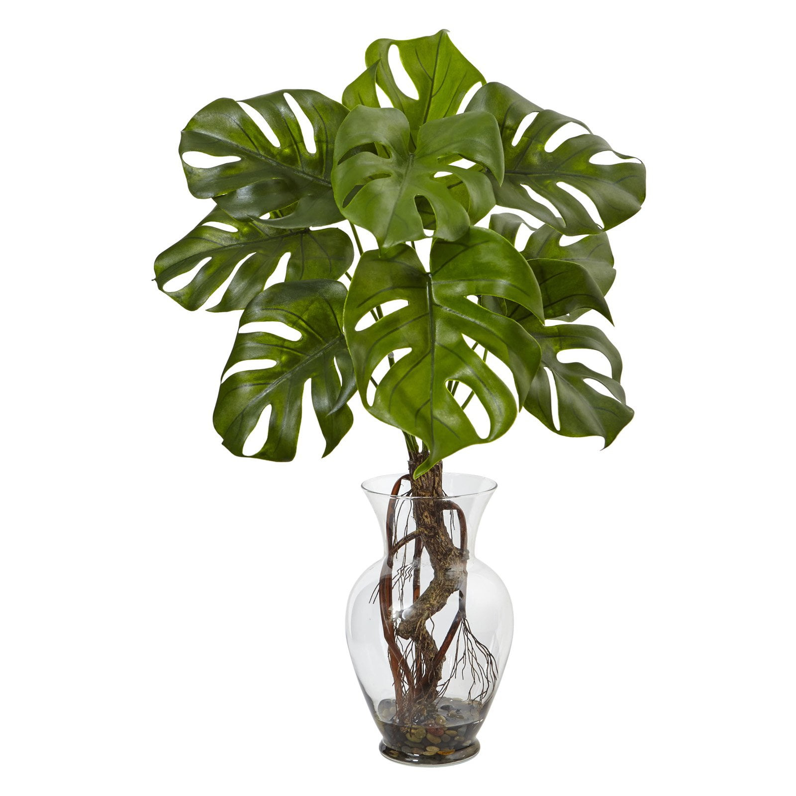 Nearly Natural 26-in Monstera Plant in Rocks with Glass Vase