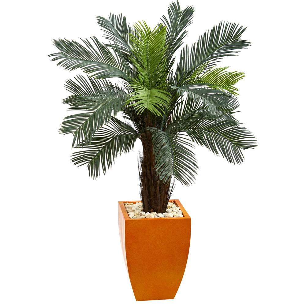 Nearly Natural 4.5ft. Cycas Artificial Tree in Orange Planter UV Resistant (Indoor/Outdoor)