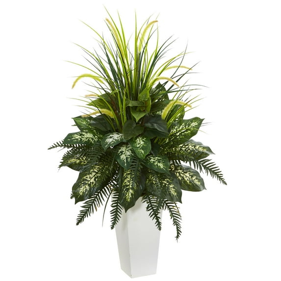 Nearly Natural Areca Palm Artificial Plant in White Tower Planter