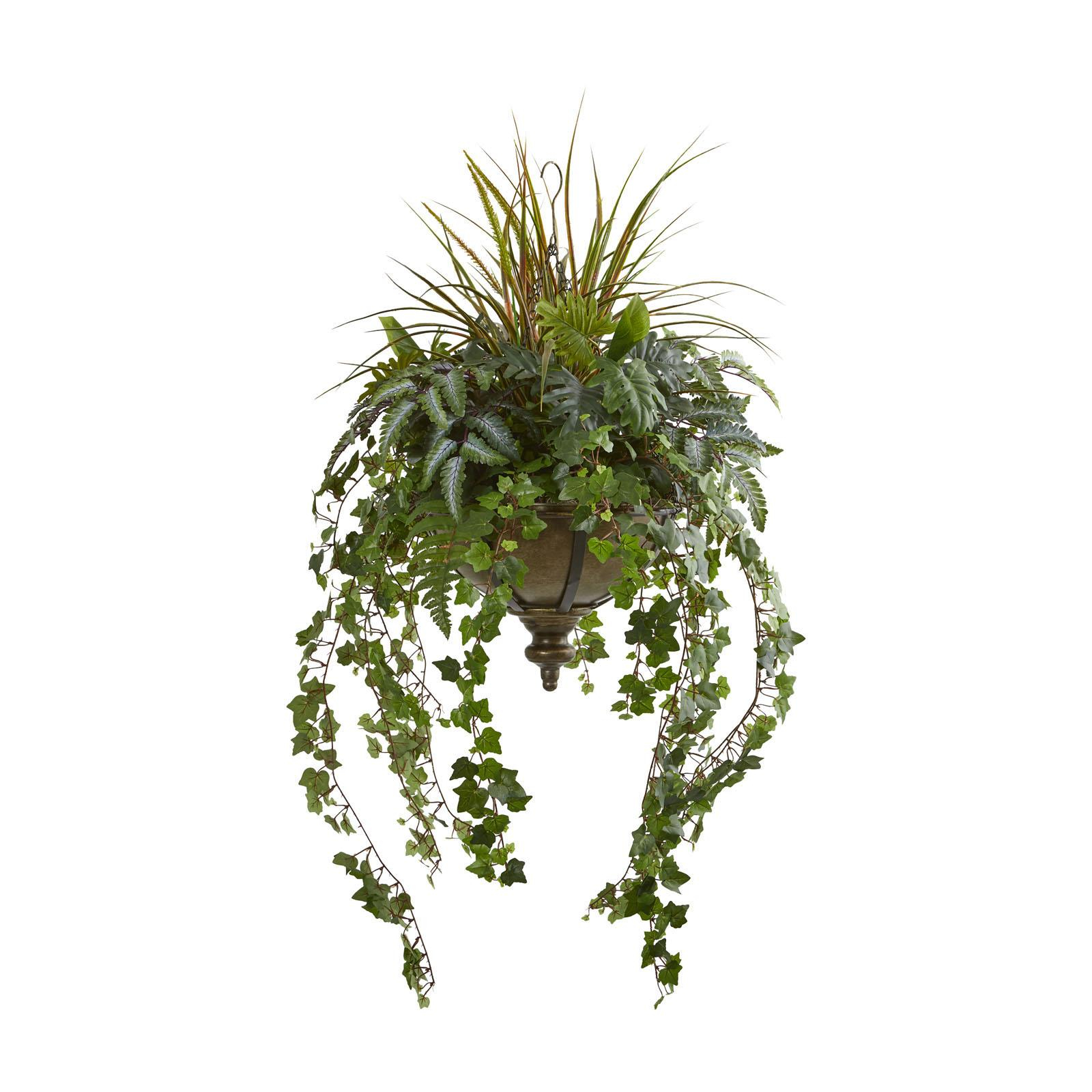 Nearly Natural 45” Ivy and Mix Greens Artificial Plant in Hanging Metal Bowl