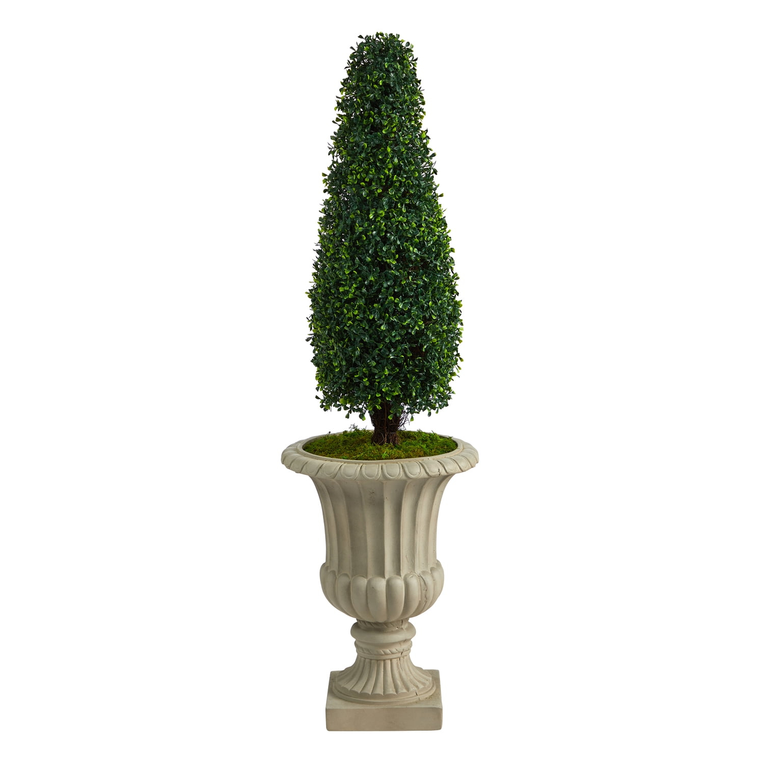 Nearly Natural 4ft. Boxwood Tower Artificial Topiary Tree in Sand Finished Urn (Indoor/Outdoor)