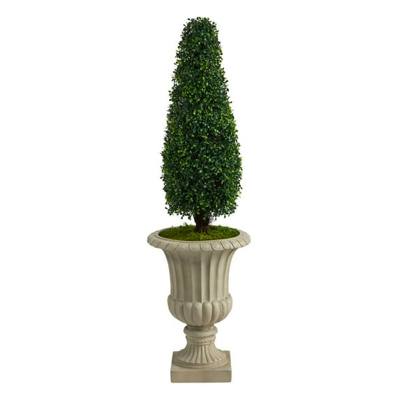 Nearly Natural 4ft. Boxwood Tower Artificial Topiary Tree in Sand Finished Urn (Indoor/Outdoor)