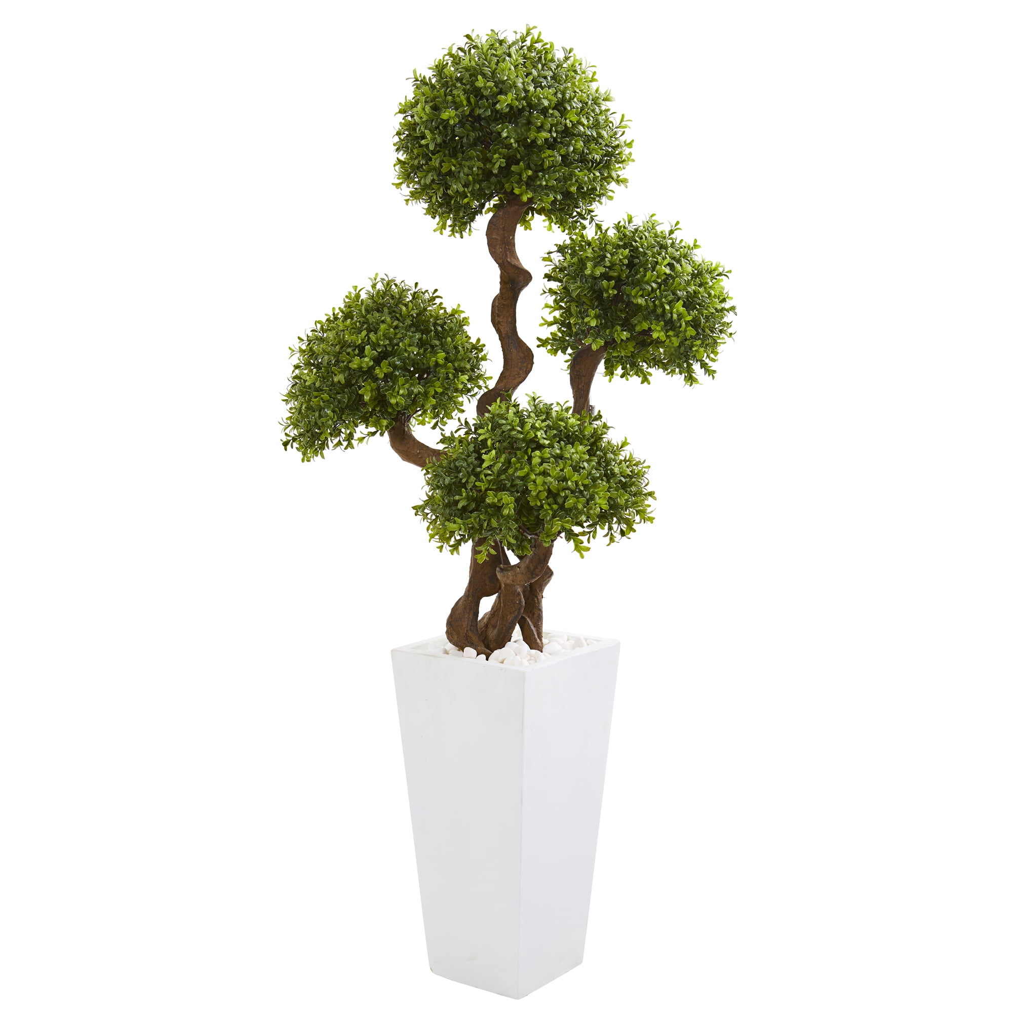 Nearly Natural 55-in Four Ball Boxwood Artificial Topiary Tree in Tall White Planter