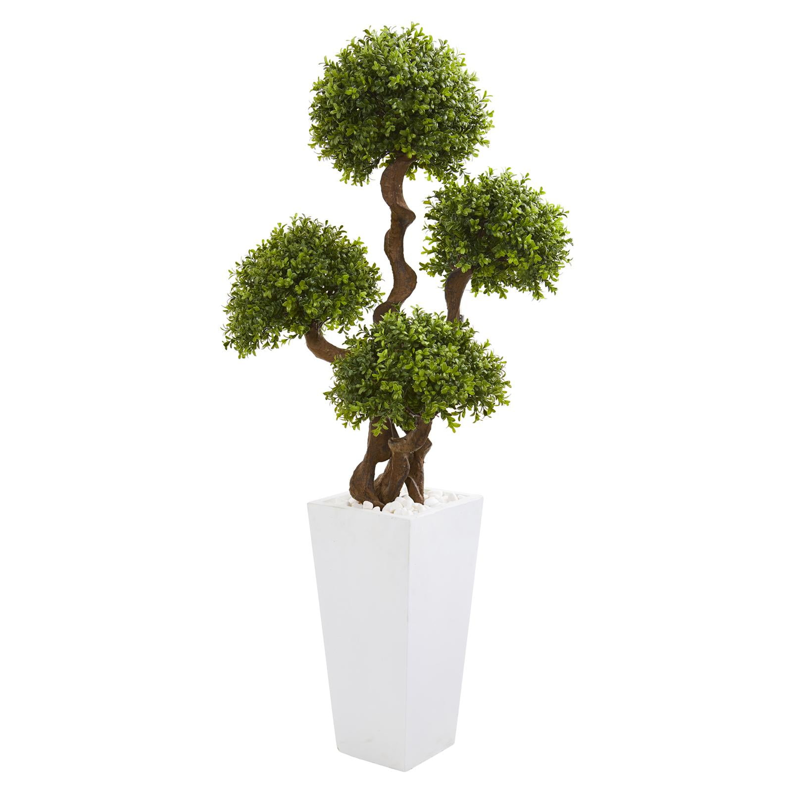 Nearly Natural 55-in Four Ball Boxwood Artificial Topiary Tree in Tall White Planter