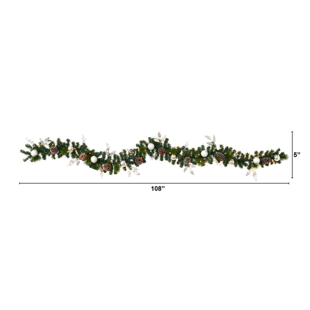 Nearly Natural 9’ Ornament and Pinecone Artificial Christmas Garland with 50 Clear LED Lights