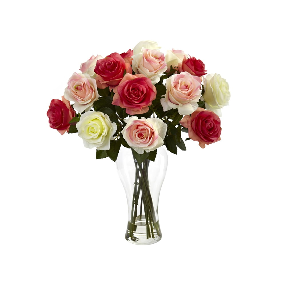 Nearly Natural Assorted Blooming Roses with Vase, Assorted Pastels