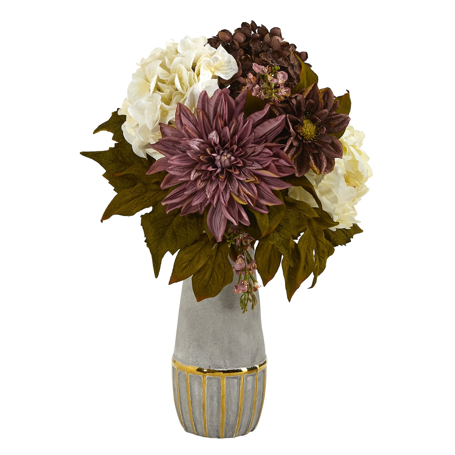 Nearly Natural Peony, Hydrangea and Dahlia Artificial Arrangement in Stoneware Vase
