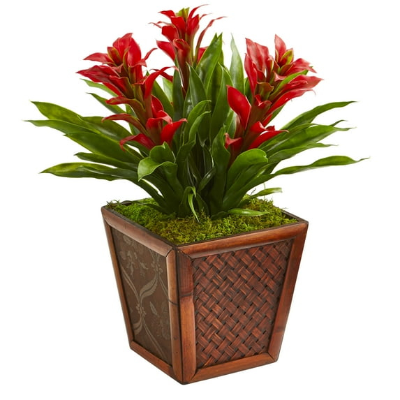 Nearly Natural Plastic 18" Red Triple Bromeliad Artificial Plant in Decorative Planter
