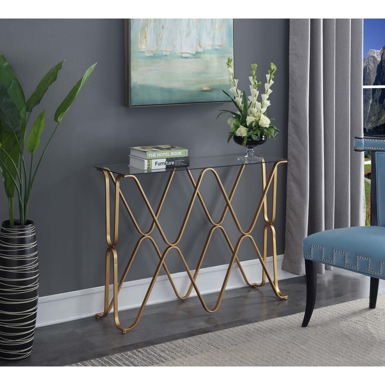 Convenience Concepts Neptune Console Table in Glass Top and Gold Metal Frame Finish