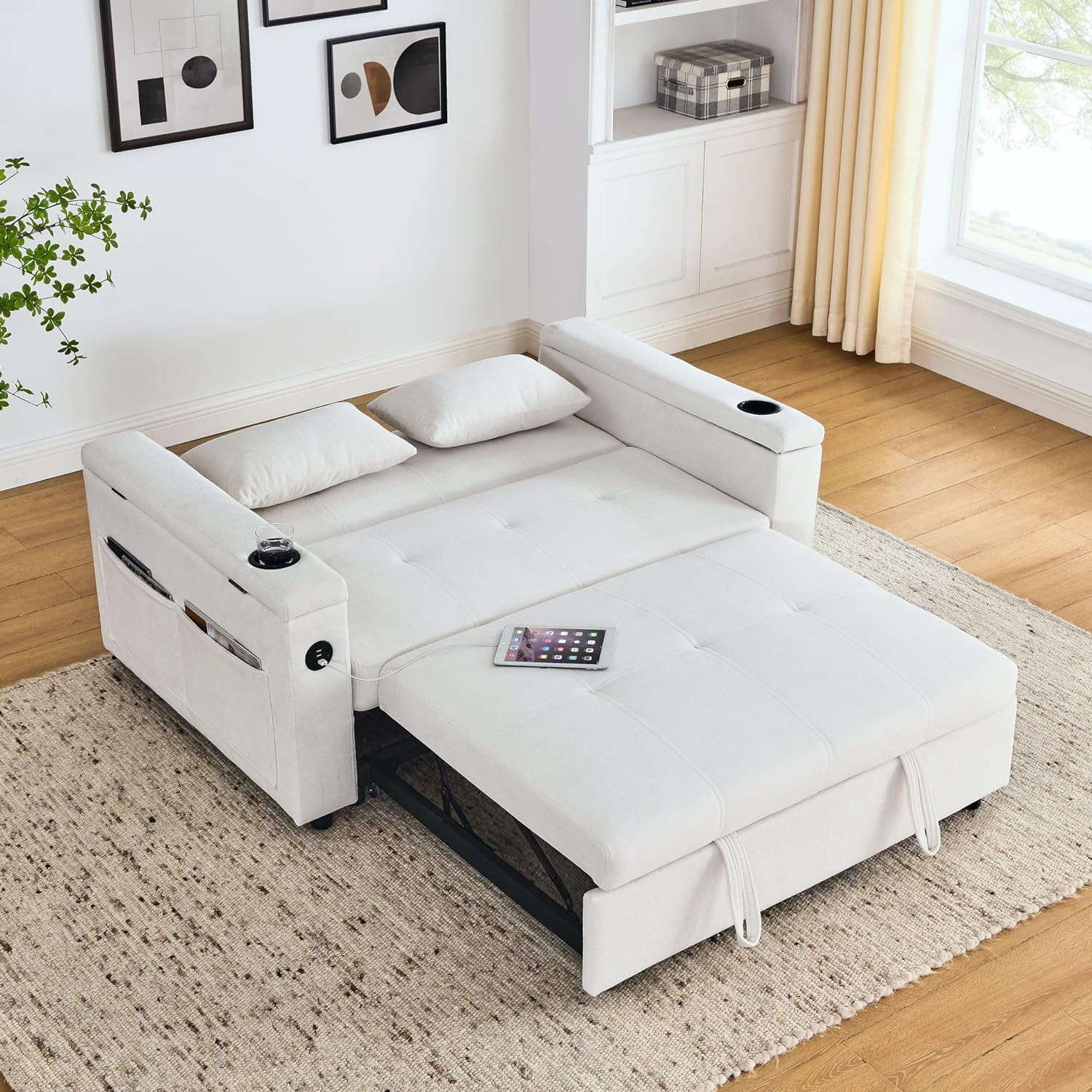 Neretva  54" Pull Out Sleeper Sofa Bed 3-in-1 Convertible Futon Couch with Pullout Bed, Cupholders,Reclining Backrest, Storage Pockets,USB Power Outlet – Modern Space Lounge Furniture for Living Room