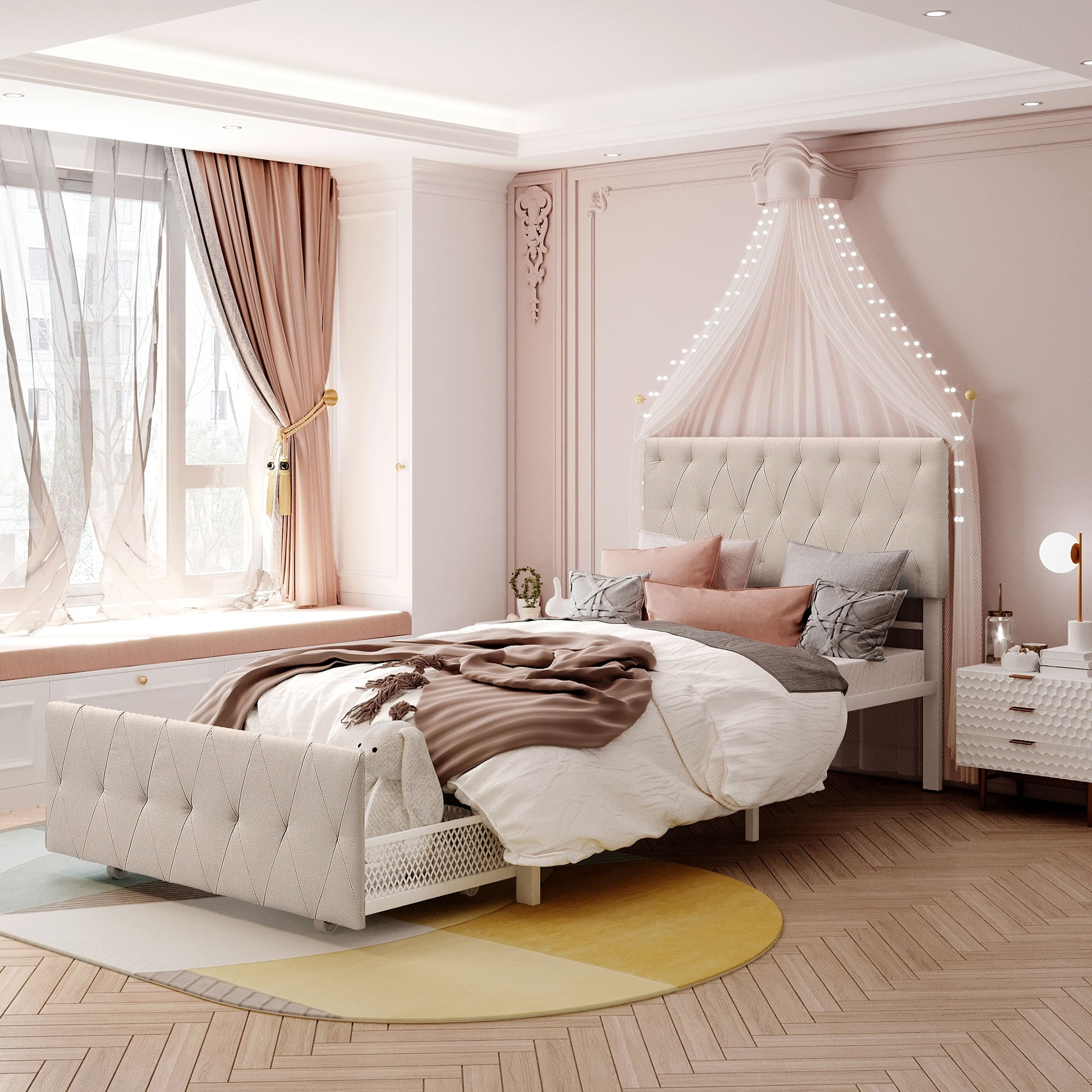 Nestfair  Metal Storage Platform Bed with Big Drawer Beige Twin