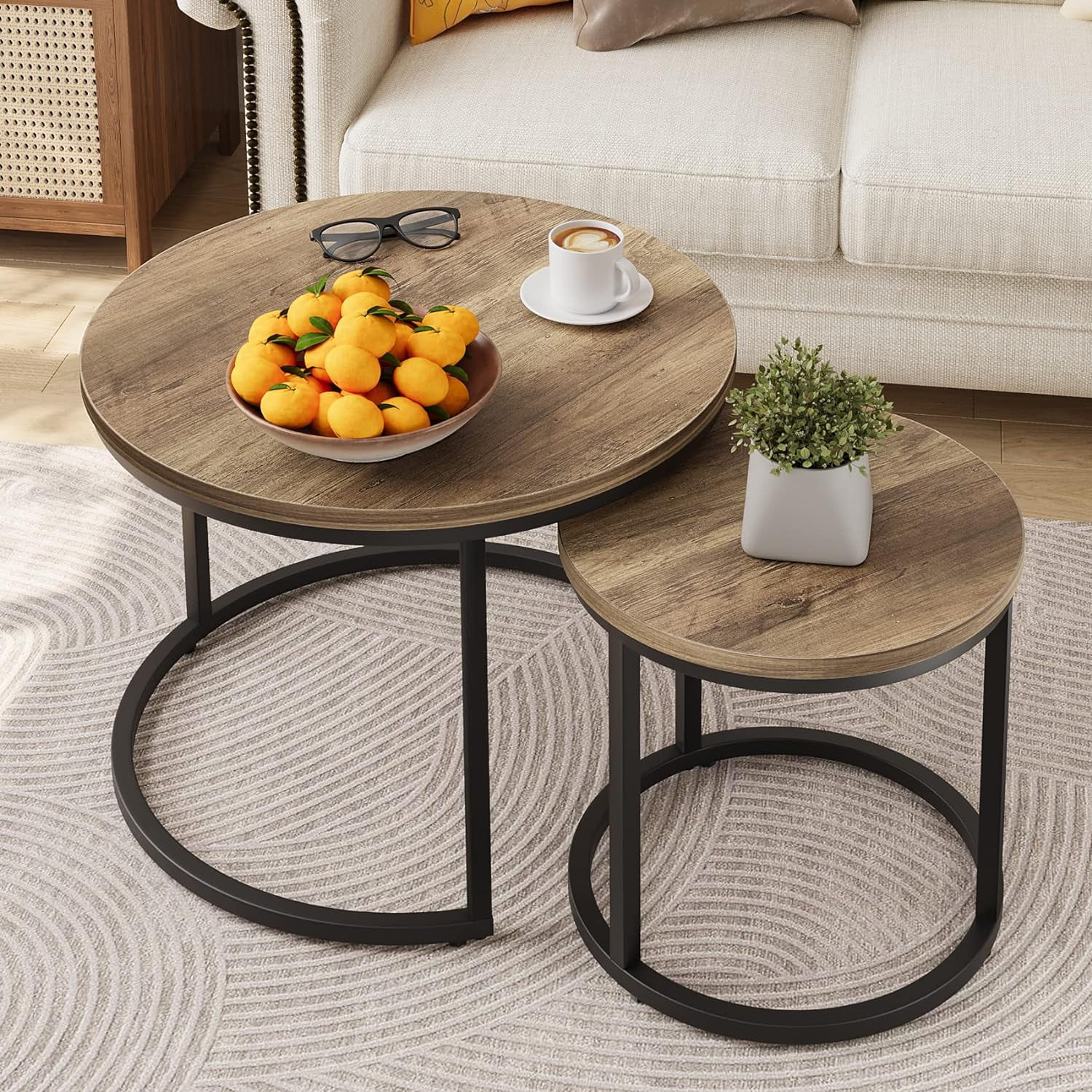Nesting Coffee Table Set of 2, 23.6" Round Coffee Table Wood Grain Top with Adjustable Non-Slip Feet, Industrial End Table Side Tables for Living Room Bedroom Balcony Yard