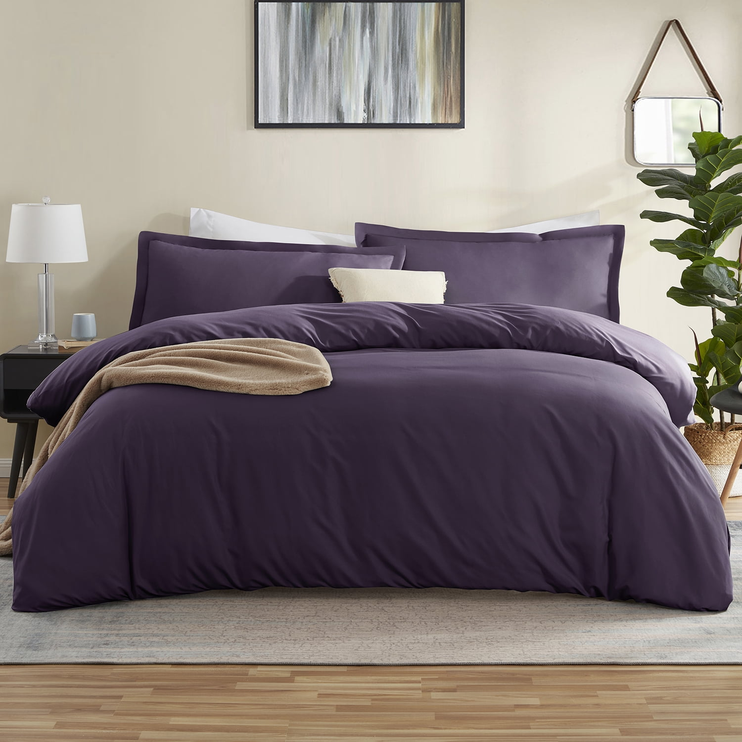 Nestl 3pc Duvet Cover Set, Luxury Microfiber Duvet Cover King with Pillow Shams, Purple Eggplant