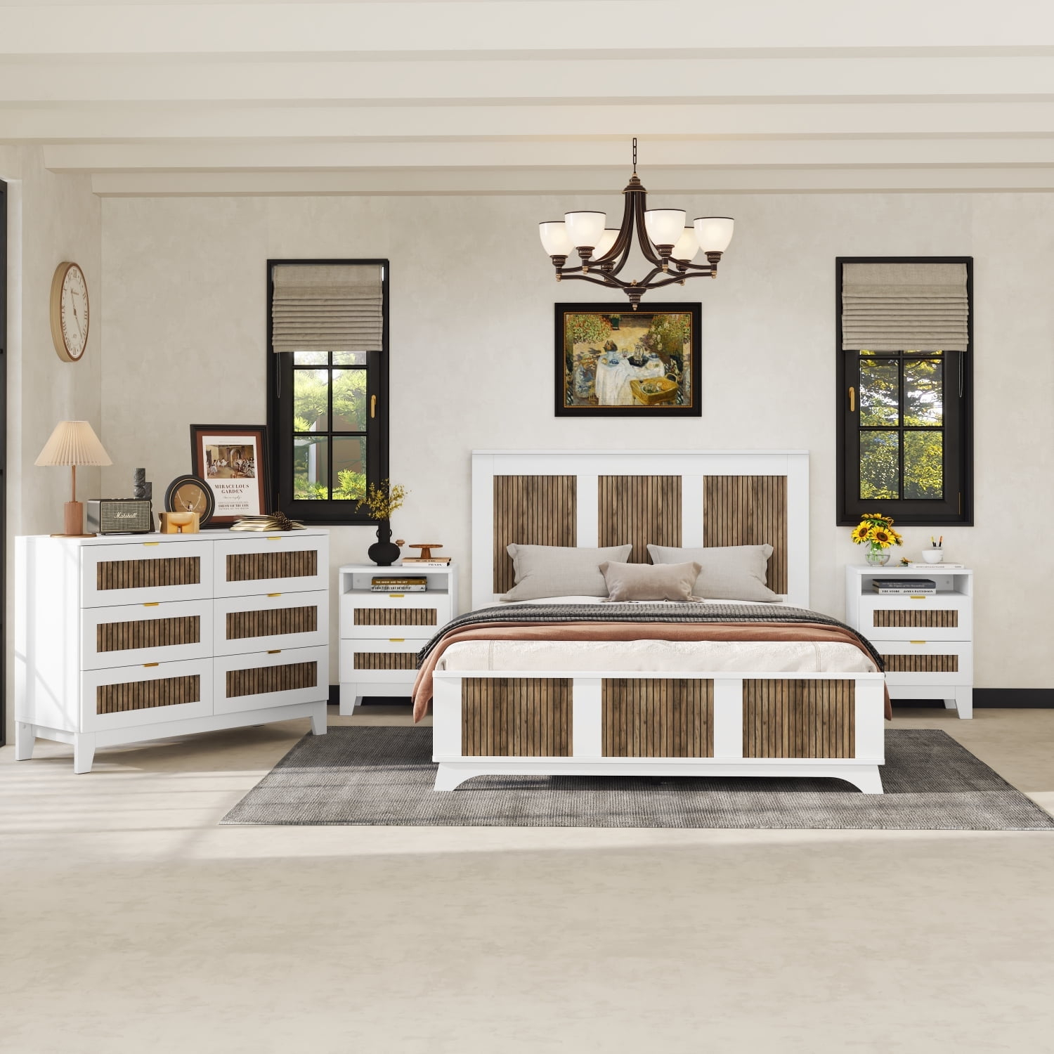 4 Pieces Bedroom Sets Queen Size Farmhouse Platform Bed with Wooden Strip Decoration, 2 Storage Nightstands and A 6-Drawer Dresser with Metal Handle for Kids Teens Adults - White
