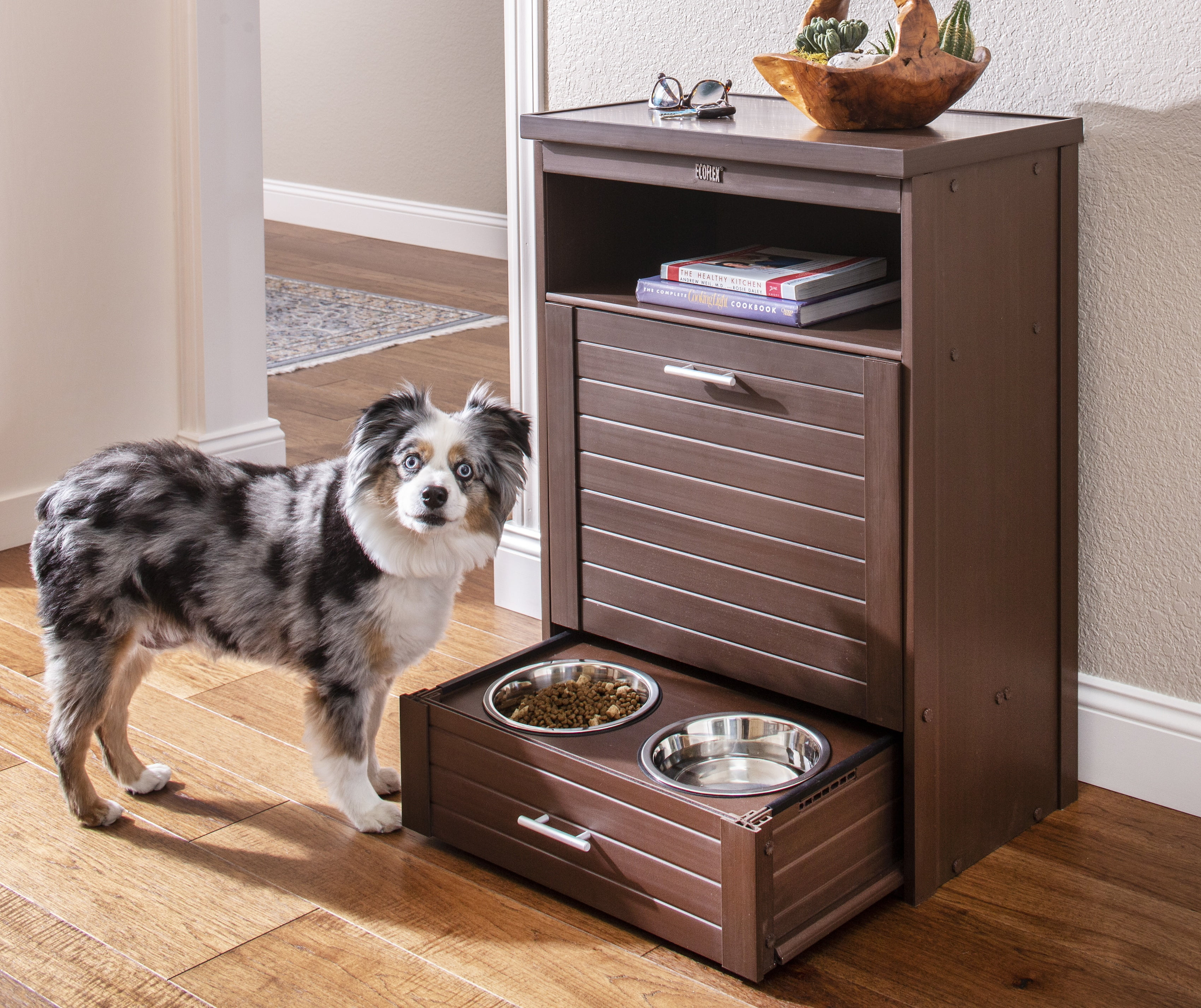 New Age Pet® ECOFLEX® Dog Food Pantry with Double Stainless Steel Bowls - Durable Composite, Includes 2x 32oz Bowls, Storage for 25 lbs of Dog Food, Easy Assembly, Moisture Resistant