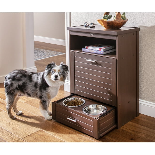 New Age Pet® ECOFLEX® Dog Food Pantry with Double Stainless Steel Bowls - Durable Composite, Includes 2x 32oz Bowls, Storage for 25 lbs of Dog Food, Easy Assembly, Moisture Resistant