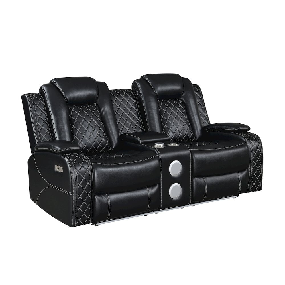 New Classic Furniture Orion II Faux Leather Power Console Loveseat in Black