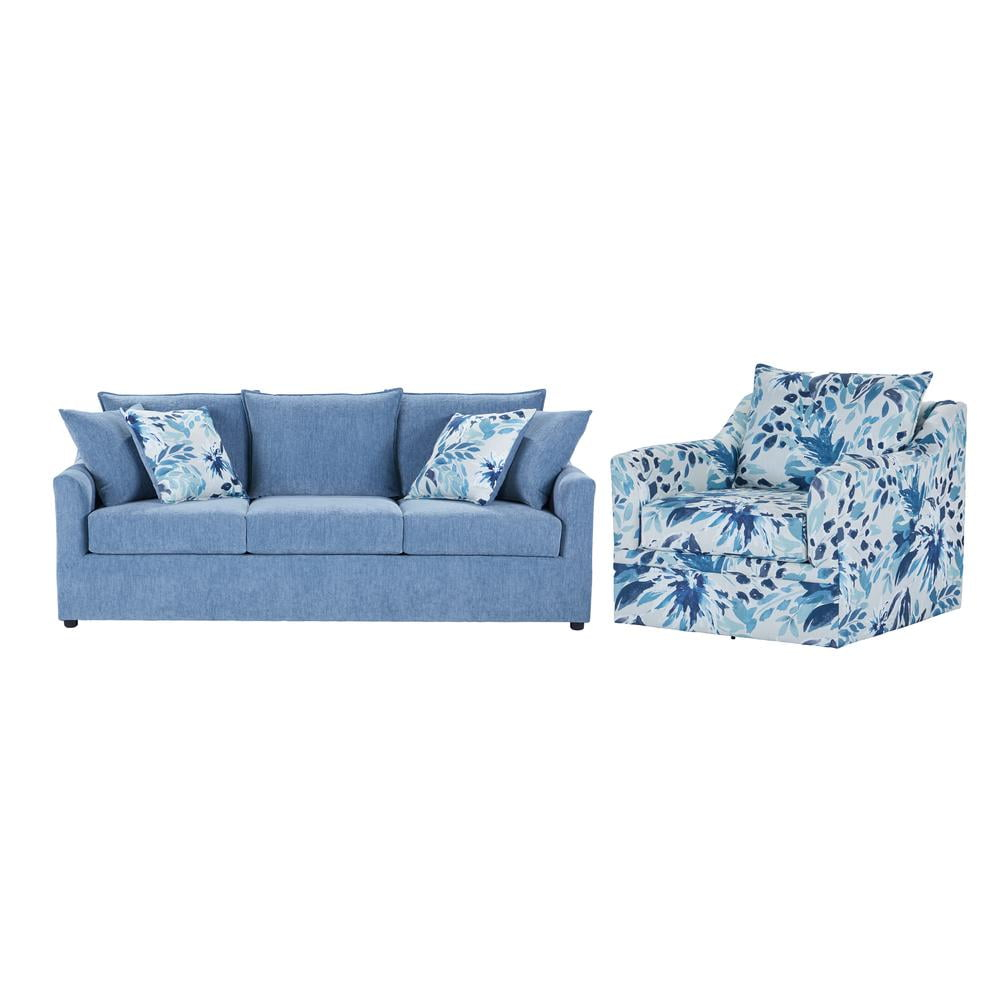 New Classic Furniture Sylvie 2 PC Fabric Sofa and Chair Set in Blue and White